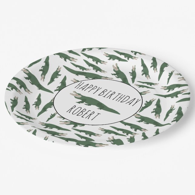 Cute Alligator Crocodile Pattern Custom Name Paper Plate (Angled)