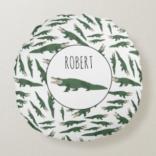 Cute Alligator Crocodile Pattern Custom Name Round Pillow