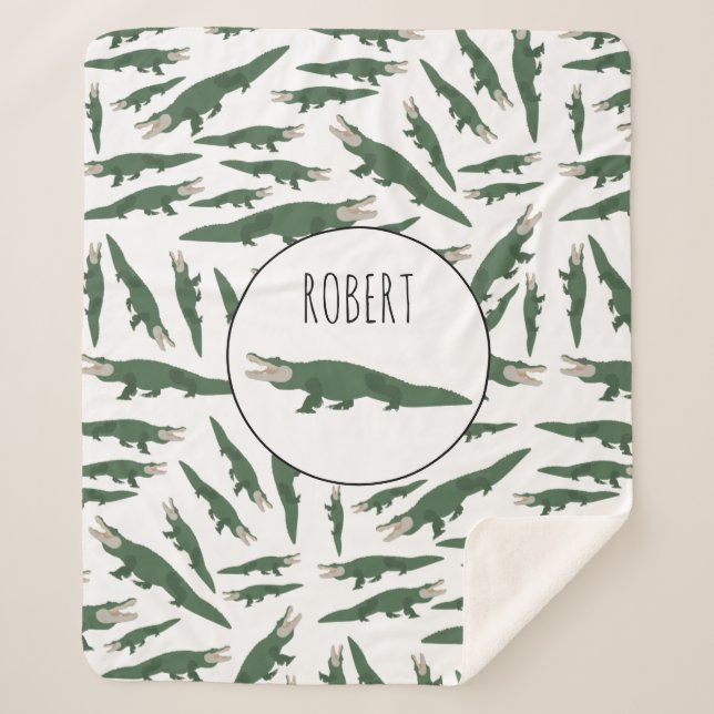 Cute Alligator Crocodile Pattern Custom Name Sherpa Blanket (Front)