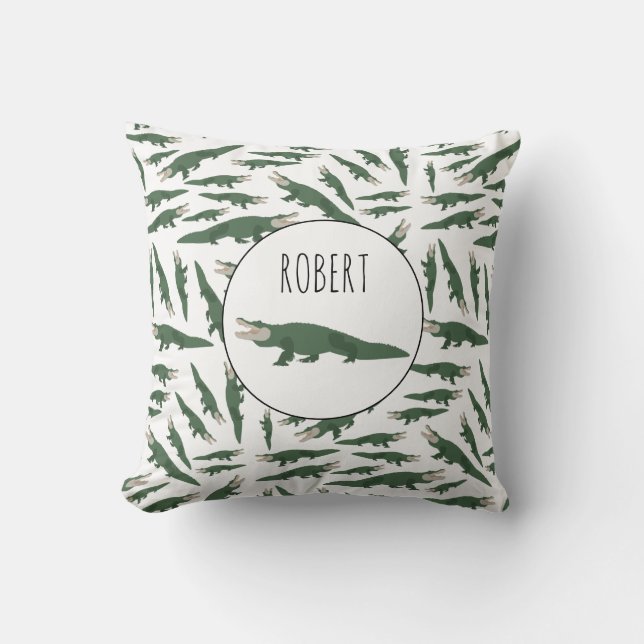 Cute Alligator Crocodile Pattern Custom Name Throw Pillow (Front)