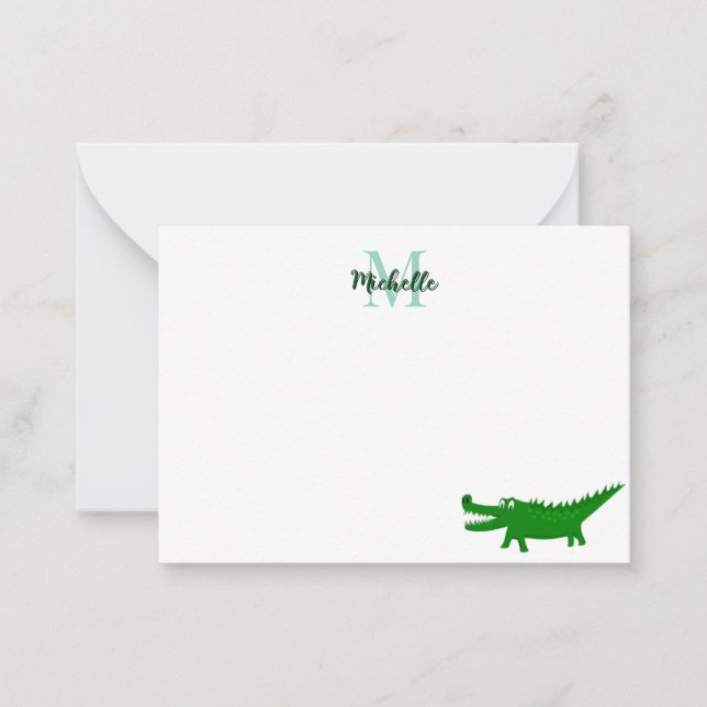  Cute Alligator Drawing Editable Monogram Card (Front)
