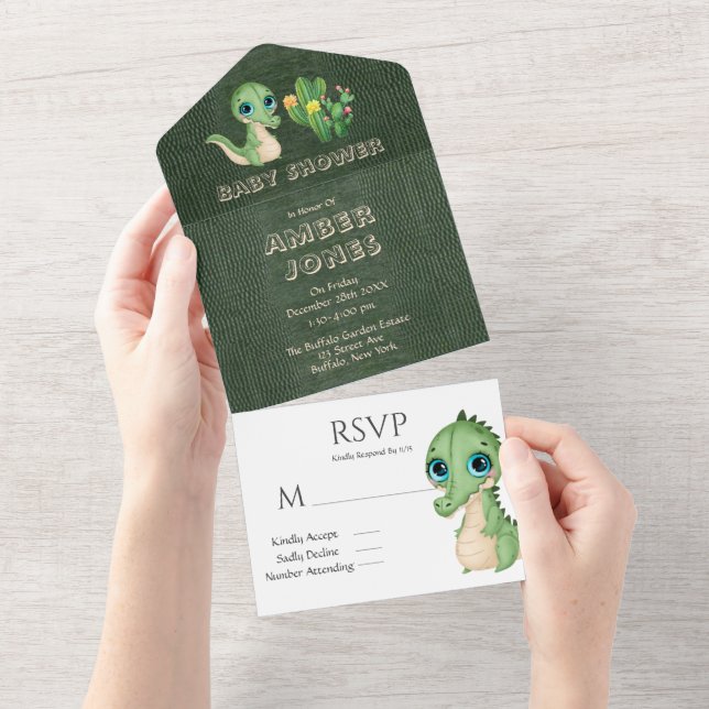 Cute Alligator Green Leather Cactus Baby Shower All In One Invitation (Tearaway)