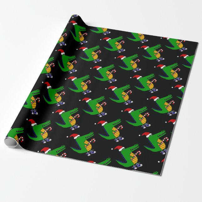 Cute Alligator in Santa Hat Christmas Cartoon Wrapping Paper (Unrolled)