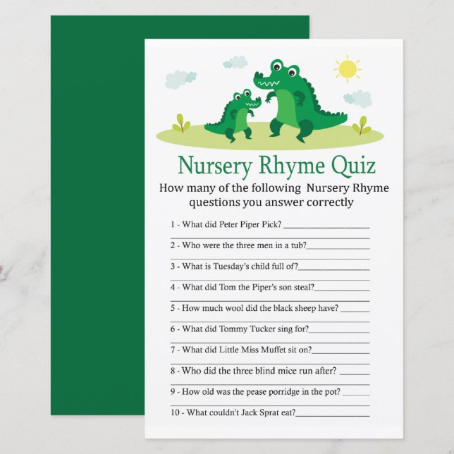 Cute Alligator Nursery Rhyme Quiz baby shower game (Front/Back)