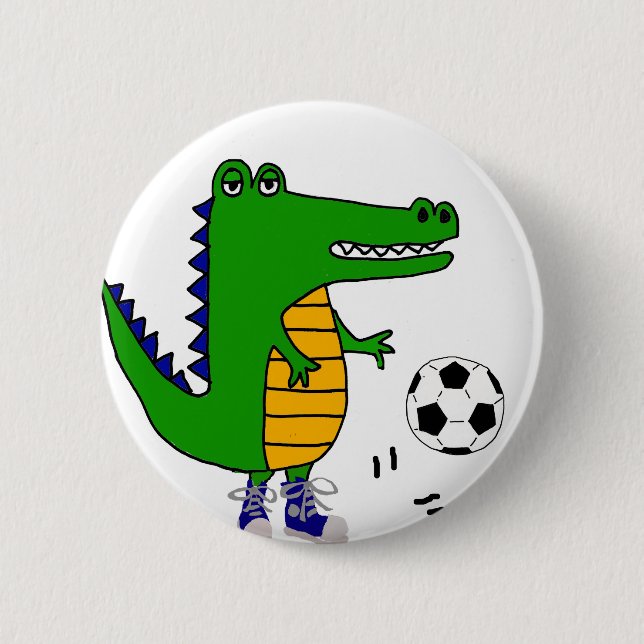 Cute Alligator Playing Soccer or Football Cartoon 2 Inch Round Button (Front)
