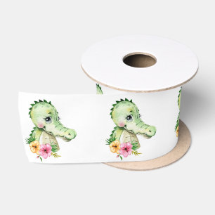 Cute Alligator Watercolor Floral Baby Shower Satin Ribbon