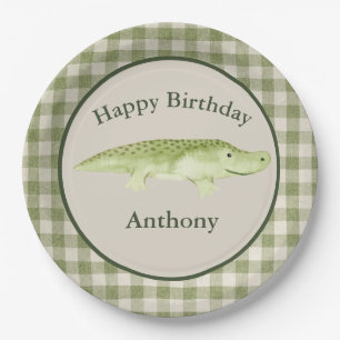 Cute Alligator Watercolor Name Birthday Paper Plate