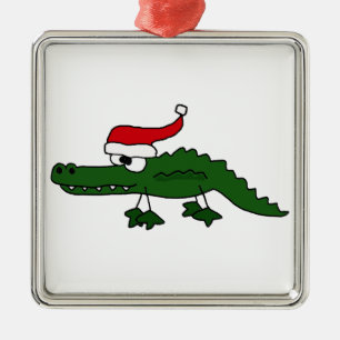 Cute Alligator Wearing Christmas Hat Metal Ornament