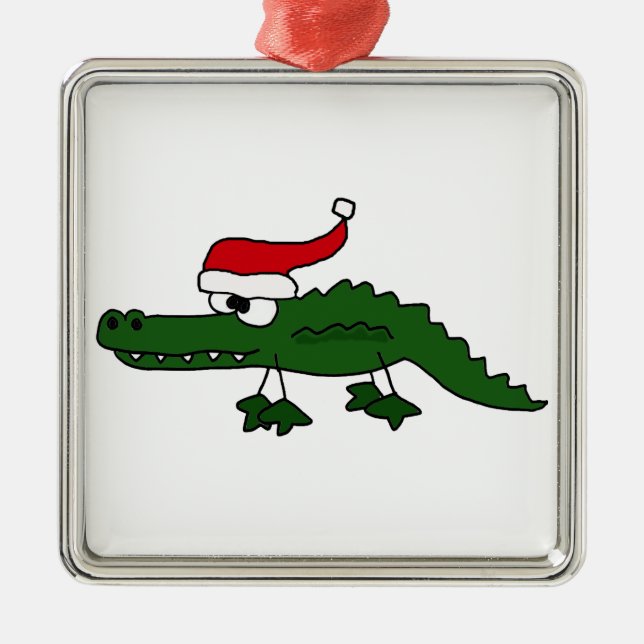 Cute Alligator Wearing Christmas Hat Metal Ornament (Front)