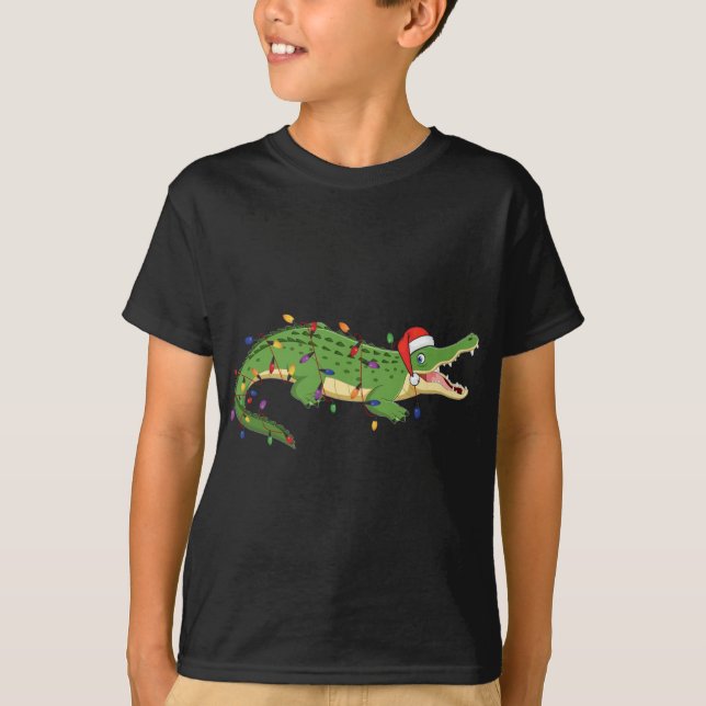 Cute Alligator With Santa's Hat Christmas Lights X T-Shirt (Front)