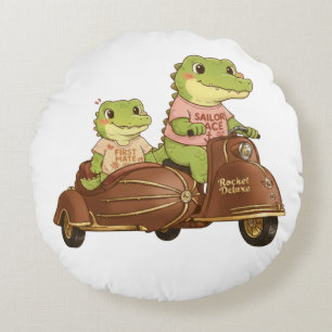 Cute Alligators on Vintage Scooter with Sidecar Il Round Pillow