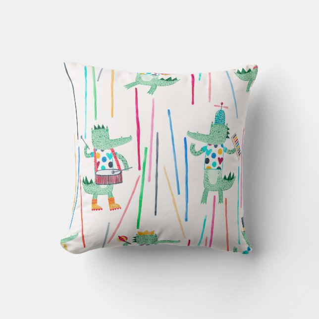 Cute alligators with musical instruments. Watercol Throw Pillow (Front)