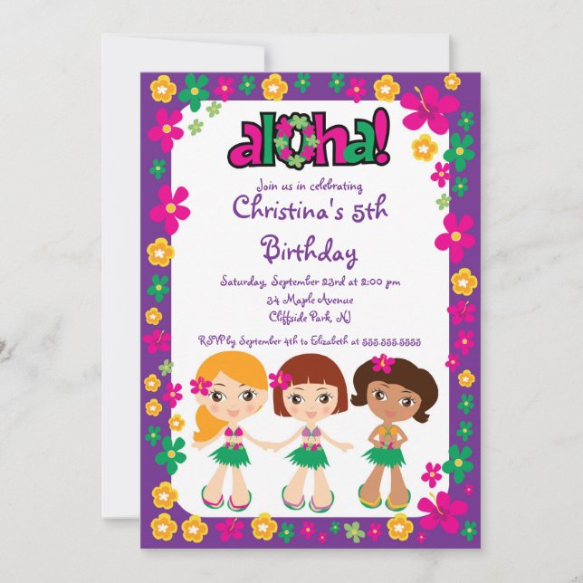 Cute Aloha Luau Birthday Party Invitations (Front)