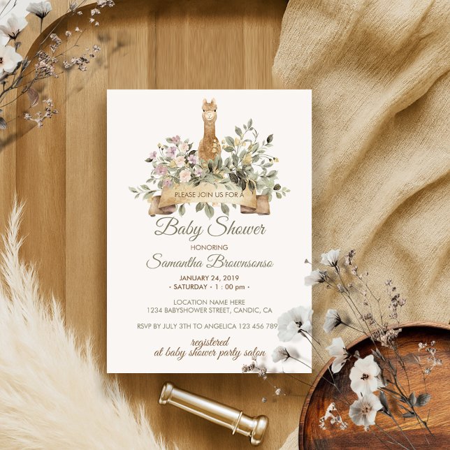 Cute Alpaca Botanical Ribbon Baby Shower Invitation (Creator Uploaded)