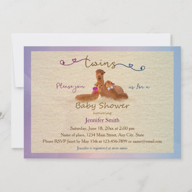 Cute Alpaca Boy Girl Twins Baby Shower Invitations (Front)
