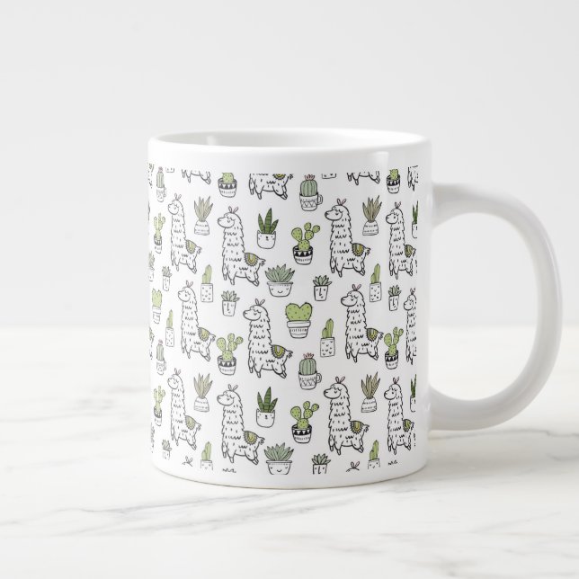 Cute Alpaca & Cactus Pattern Large Coffee Mug (Right)