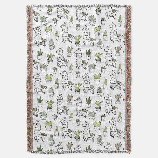 Cute Alpaca & Cactus Pattern Throw Blanket (Front Vertical)