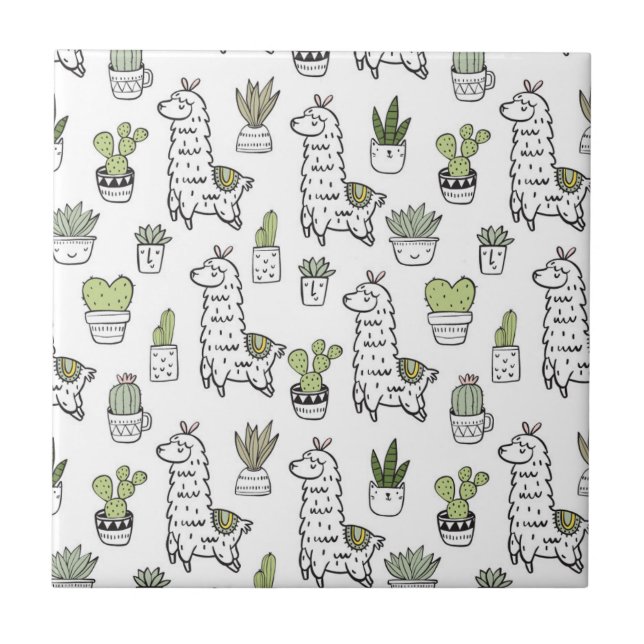 Cute Alpaca & Cactus Pattern Tile (Front)