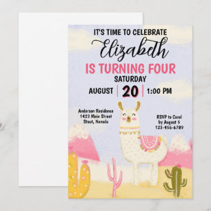 Cute Alpaca Girls Birthday Party Invitation