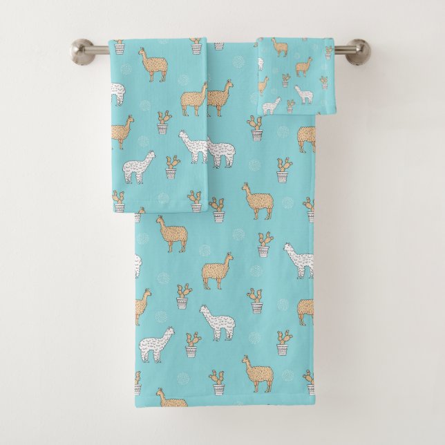 Cute Alpaca Llama Cactus Pattern Bath Towel Set (Insitu)