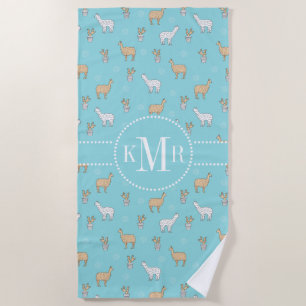 Cute Alpaca Llama Cactus Pattern Beach Towel