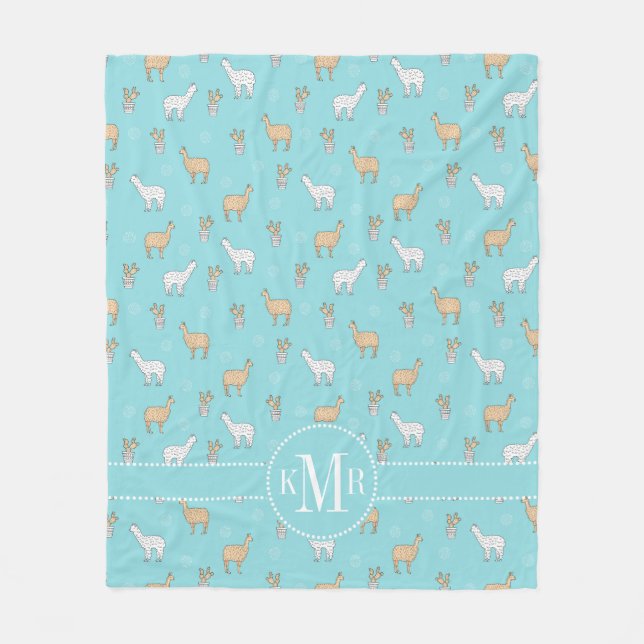 Cute Alpaca Llama Cactus Pattern Fleece Blanket (Front)