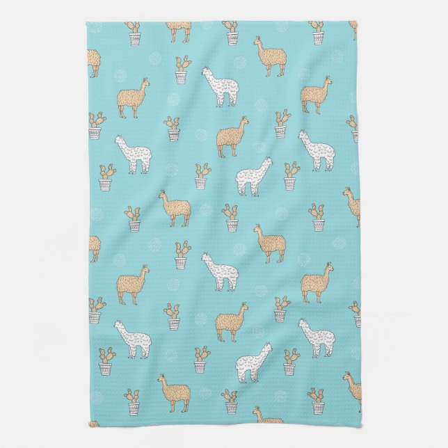 Cute Alpaca Llama Cactus Pattern Kitchen Towel (Vertical)