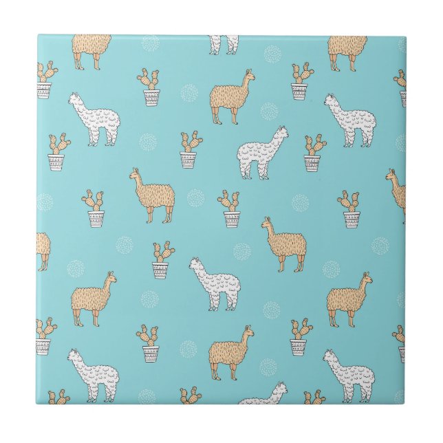 Cute Alpaca Llama Cactus Pattern Tile (Front)