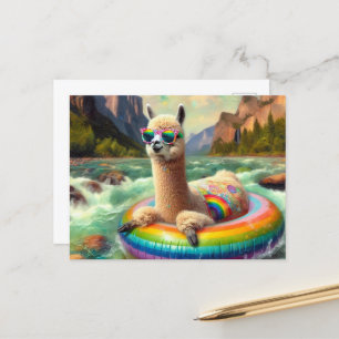 Cute Alpaca on a Rainbow Colour Float Postcard