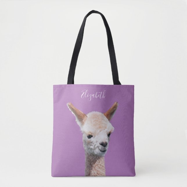 Cute Alpaca, Personalize Name, Lavender Tote Bag (Front)