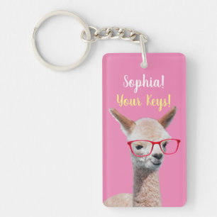 Cute Alpaca Red Glasses DIY, Name Message, Pink Keychain