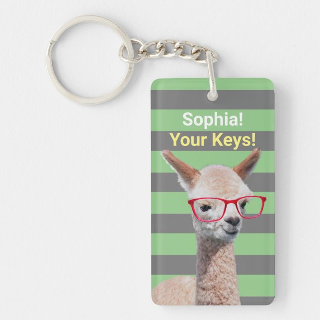 Cute Alpaca Red Glasses Personalize Name Message 5 Keychain (Front)