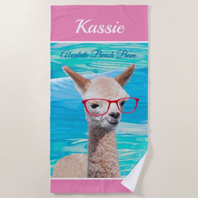 Cute Alpaca Red Glasses Personalize Name Message Beach Towel (Front)