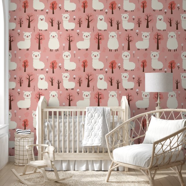 Cute Alpaca Tree Floral White Pink Nursery Wallpaper (Kids)