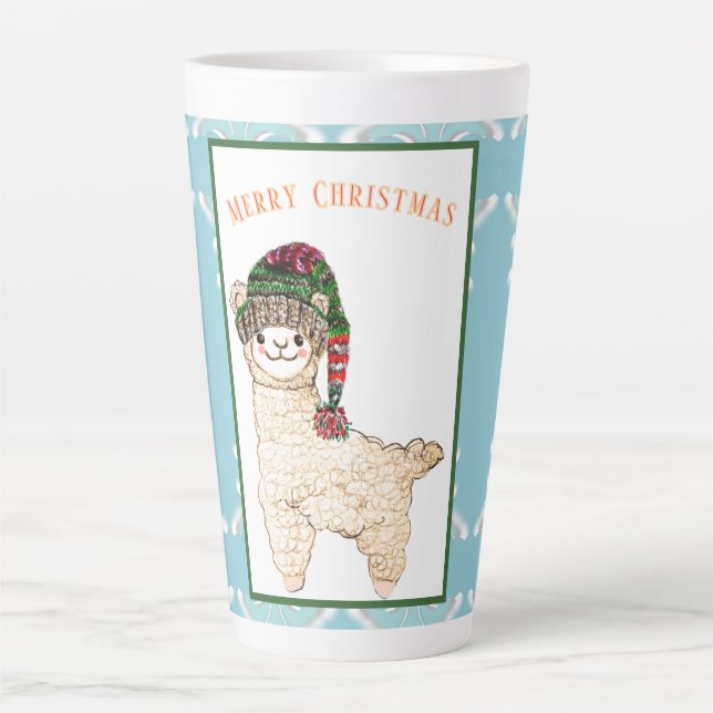 Cute alpaca with festive hat latte mug (Front)