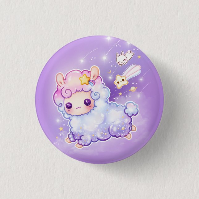 Cute alpaca with kawaii shooting star 1 inch round button (Front)