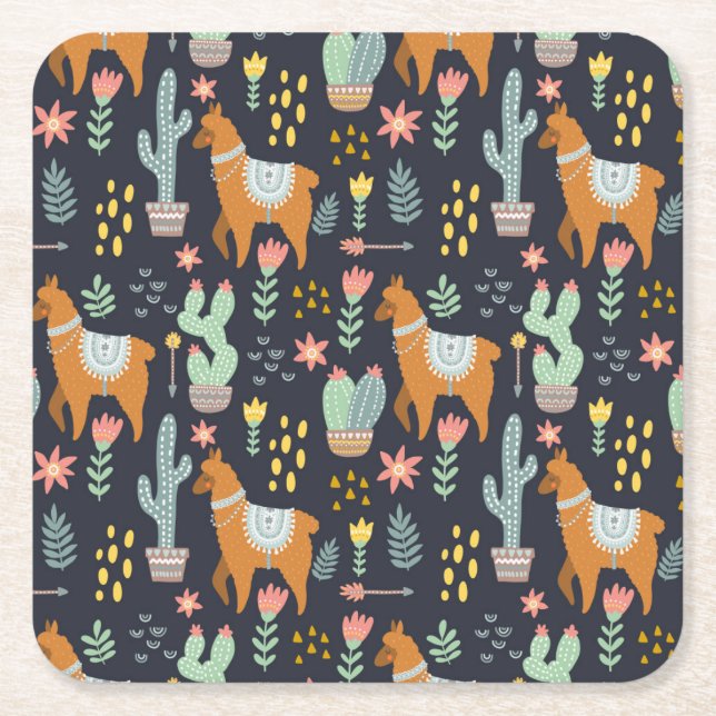 Cute Alpacas Pattern Square Paper Coaster (Front)