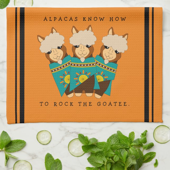 Cute Alpacas Rocking Goatees & Teal Serapes Kitchen Towel (Folded)