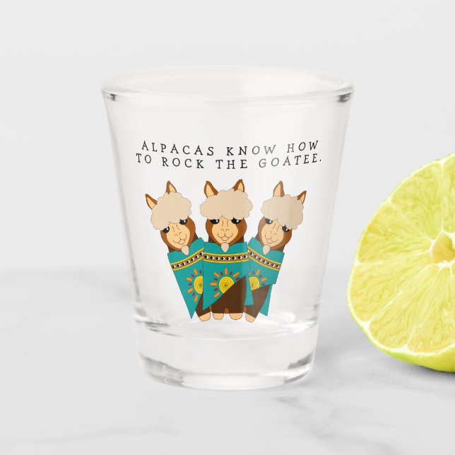 Cute Alpacas Rocking Goatees & Teal Serapes Shot Glass (Front)