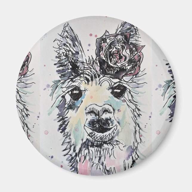 Cute Alpacca llama Animal Aquarelle Art Magnet (Devant)