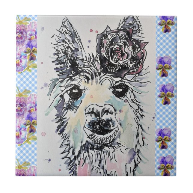 Cute Alpacca Llama Watercolour floral Ceramic Tile (Front)