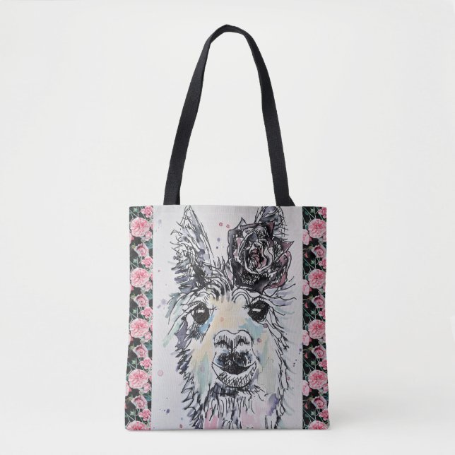 Cute Alpacca Llama Watercolour Grocery Tote Bag (Front)