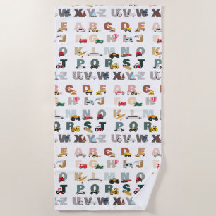 Cute Alphabet ABC Trucks, Transportation Vehicles Beach Towel