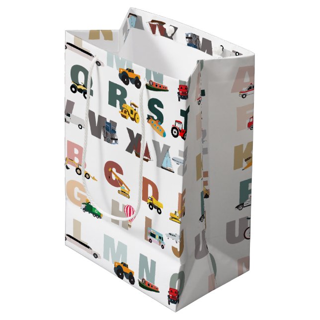 Cute Alphabet ABC Trucks, Transportation Vehicles Medium Gift Bag (Front Angled)