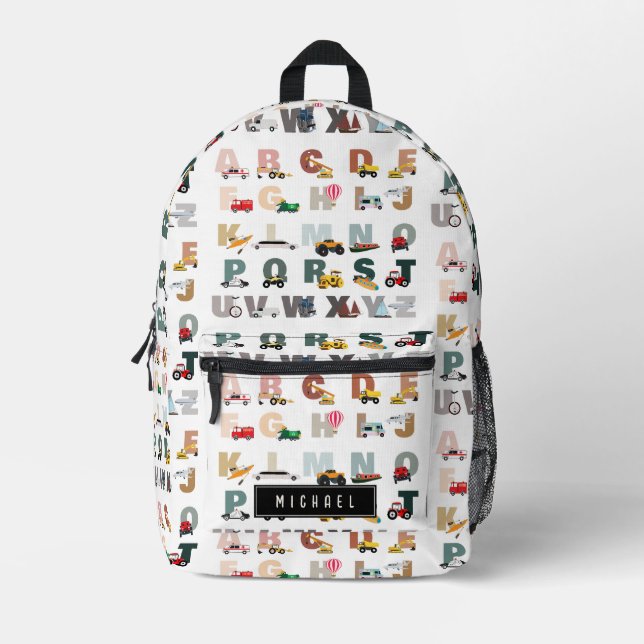 Cute Alphabet ABC Trucks, Transportation Vehicles  Printed Backpack (Front)