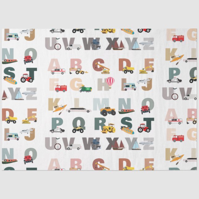 Cute Alphabet ABC Trucks, Transportation Vehicles Tissue Paper (Front)