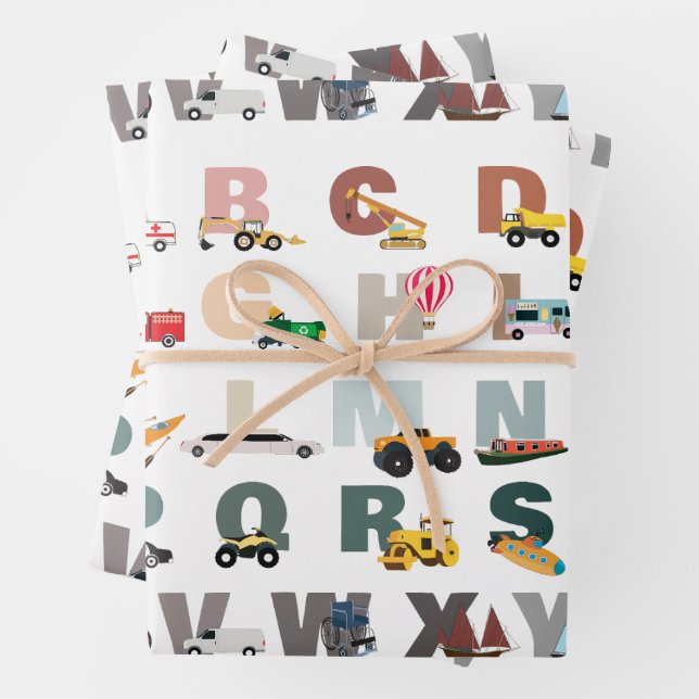 Cute Alphabet ABC Trucks, Transportation Vehicles Wrapping Paper Sheet (In situ)
