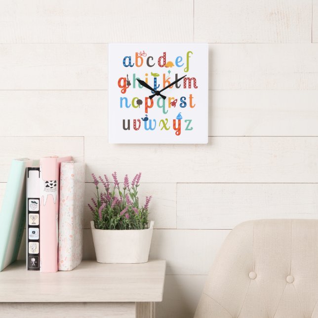 Cute Alphabet Design Square Wall Clock (Reading Room)