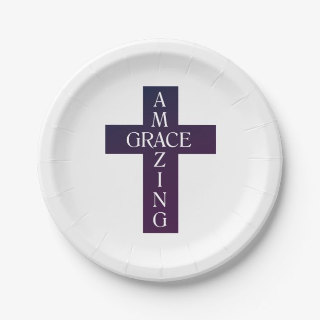 cute AMAZING GRACE typography and cross | Paper Plate (Front)