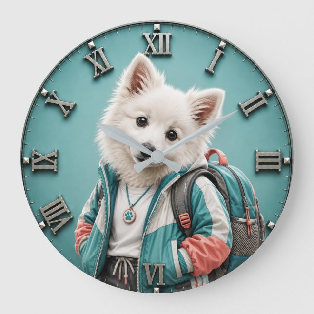 Cute American Eskimo Puppy Large Clock (Front)